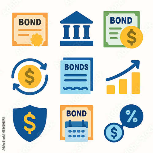 A collection of financial icons representing bonds, investment, and growth, displayed in a colorful grid arrangement.