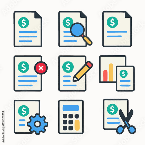 A collection of document icons related to financial reports, analysis, and management.