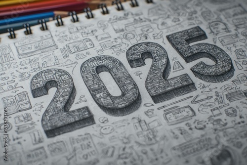 2025 numbers in pencil sketch style with school icons