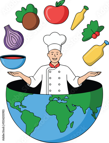 Global Culinary Artistry A skilled chef, the epitome of culinary expertise, stands triumphantly atop a globe