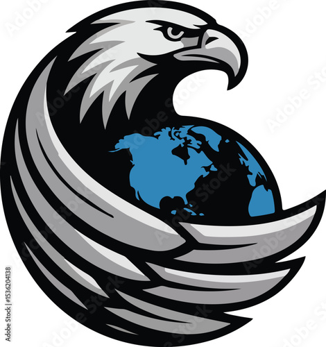 Eagle Protecting the Globe A powerful emblem showcases an eagle's strong and majestic nature, as its wings embrace and guard the globe