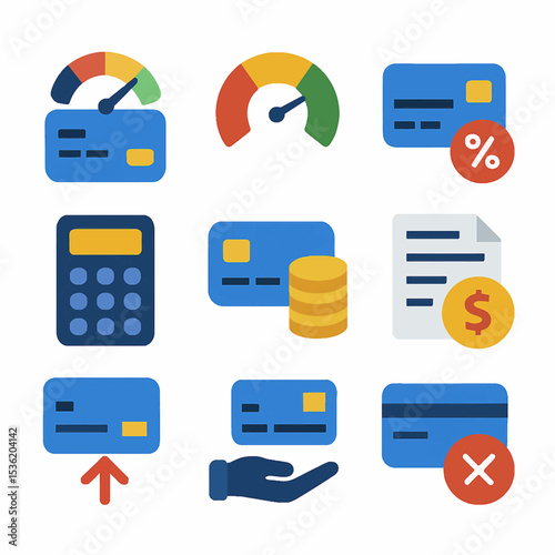 Credit card management icons depicting financial metrics, transactions, payments, and account status.