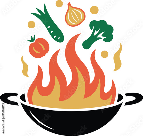 Wok, bursting with flames, as fresh vegetables dance above it