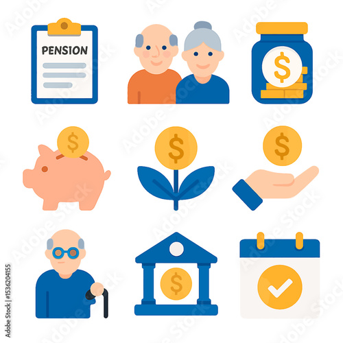 Retirement planning icons: elderly couple, pension document, savings, investments, and financial security.