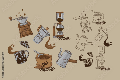 Vintage Coffee Tools Vector Set – Hand Drawn Grinder, Pot, Mug, Beans, Brewing Equipment in Retro Style Illustration