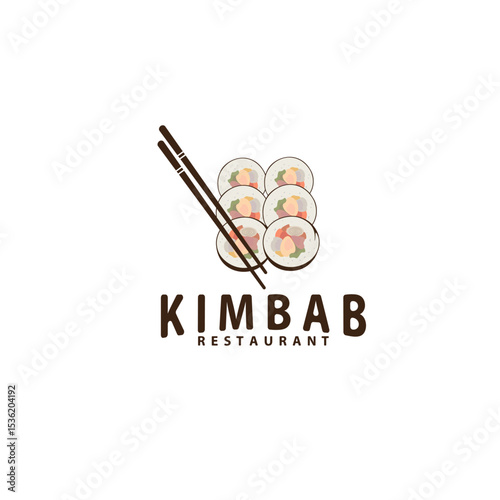 Kimbab Restaurant Logo – Korean Food Roll Vector with Chopsticks for Asian Cuisine or Sushi Branding