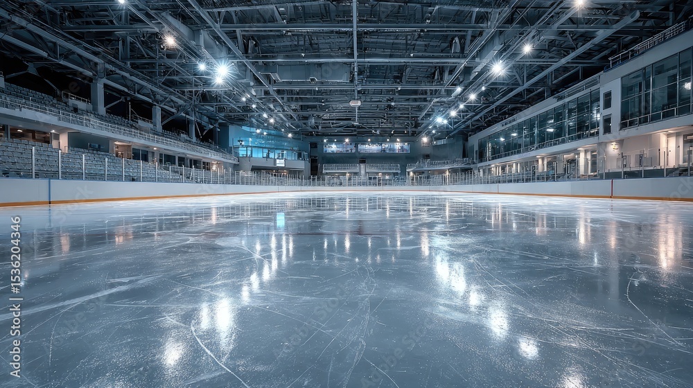 Fototapeta premium Empty hockey rink with pristine ice, a quiet stage awaiting the game's energy