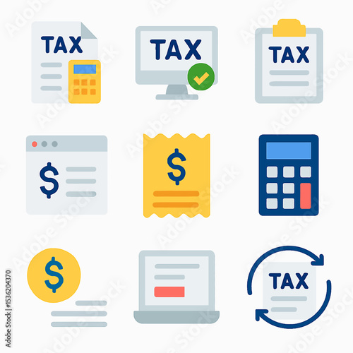 Collection of various tax-related icons including documents, calculator, and currency.