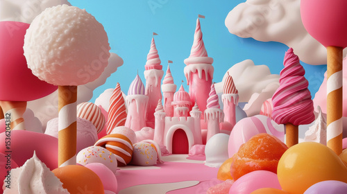  whimsical candy land featuring a pink castle, cotton candy trees, and various sweets under a blue sky with fluffy clouds.