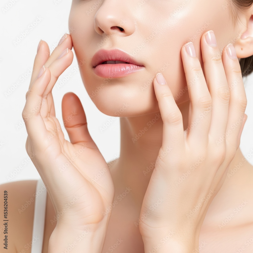 Minimal Beauty Portrait of Woman Touching Face on White Background Minimal Beauty Portrait of Woman Touching Face on White Background