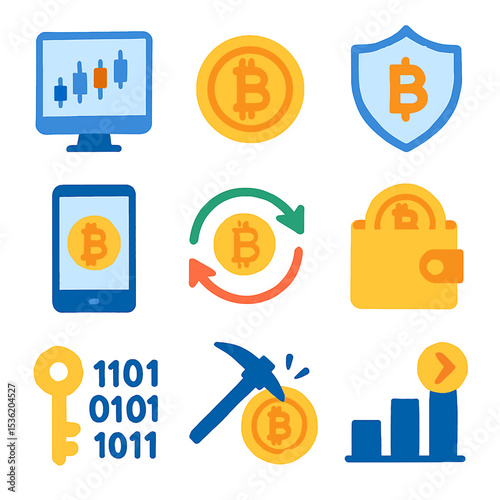 Digital icons representing Bitcoin cryptocurrency, including a monitor, coin, shield, phone, wallet, key, and graph.