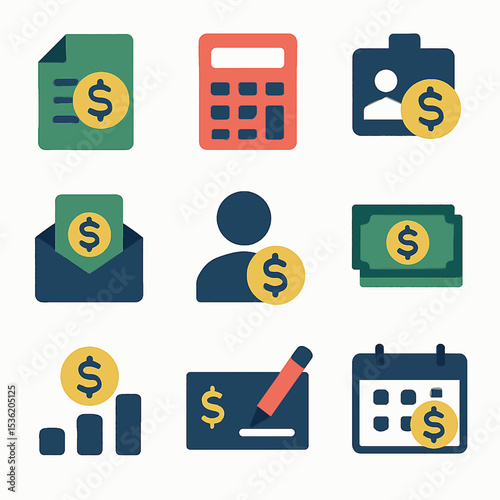 Colorful flat icons representing various financial and monetary concepts, including money.