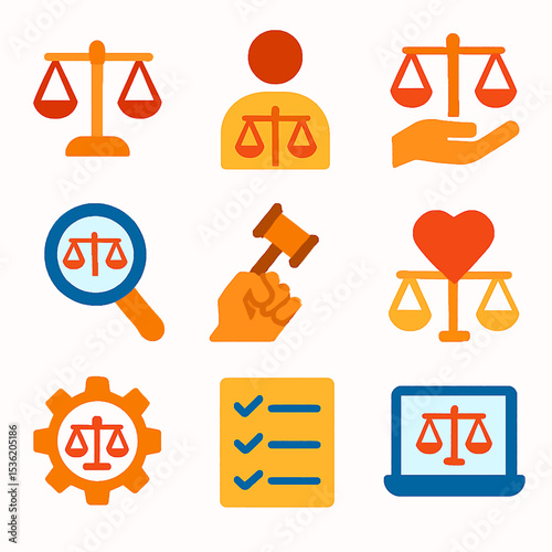 Collection of various orange and yellow justice-themed icons on a white background.
