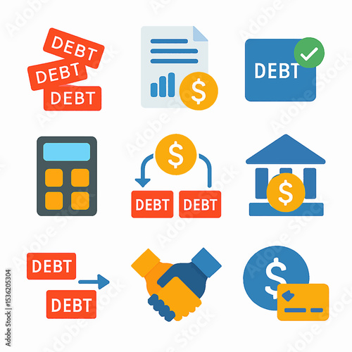 Financial icons depicting debt, money, banking, and business transactions in a flat design.