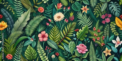 Lush Tropical Foliage and Vibrant Blossom Design Featuring a Rich Variety of Exotic Plants and Flowers in a Seamless Pattern Ideal for Textile Printing, Wallpaper, and Decorative Applications