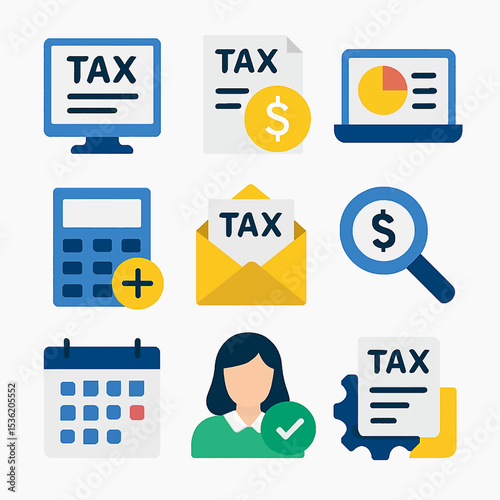 Flat icons representing various tax-related concepts, including computer screens, documents, a calculator, an envelope, a calendar, a person, and a magnifying glass.