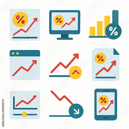A set of colorful icons illustrating growth and decline in percentage data across various digital platforms.