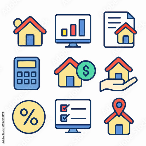 Real estate icons depicting home buying, finance, and property management.