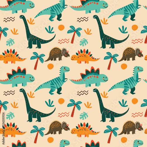 Cute Dinosaur Jungle Seamless Pattern