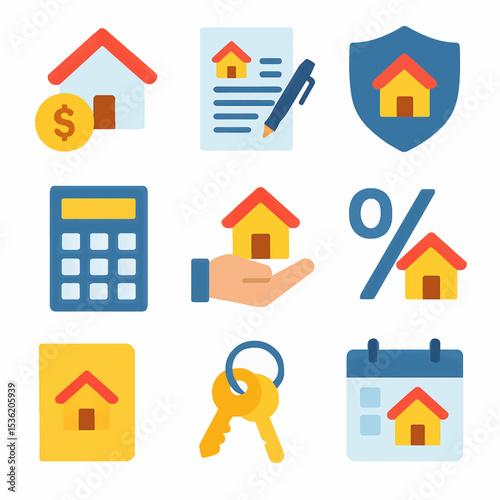 Real estate icons depicting home buying, finance, and ownership.