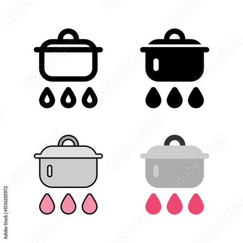 A cooking pot with steam and stirring utensil icon set, perfect for indicating food preparation, simmering, and boiling processes.