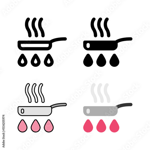 A frying pan with food icon set, ideal for representing various cooking methods, frying, and meal preparation.