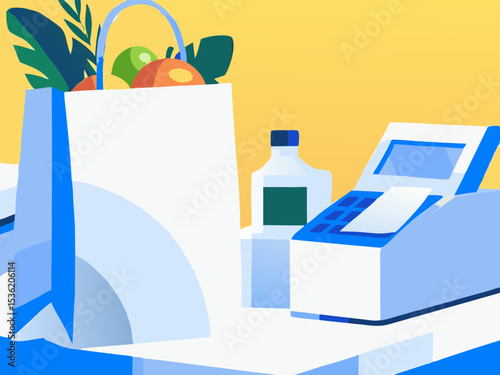 Grocery shopping bag and POS system, for retail business illustrations