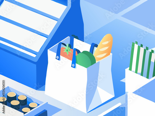 Grocery shopping bag, isometric illustration, blue tones, for website design