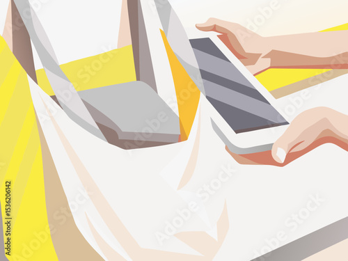 Hands using tablet for grocery shopping, with copy space