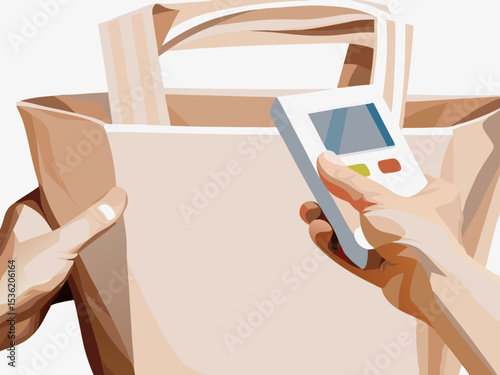 Paper bag and handheld payment device, for retail shopping illustrations
