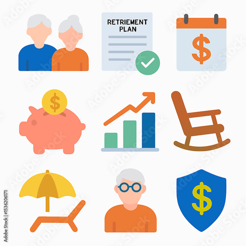 Retirement planning icons depicting elderly couple, retirement plan document, calendar with dollar sign, piggy bank, growth chart, rocking chair, beach chair...