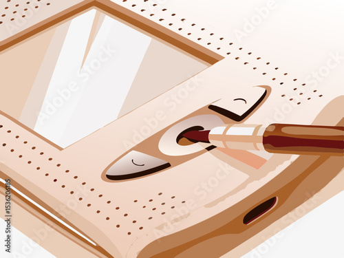 Handheld device with stylus, beige tones, for technology presentations