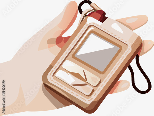 Hand holding a beige digital device, for retail applications