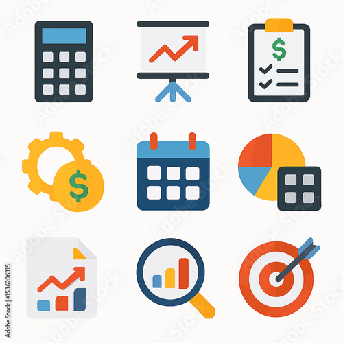 A collection of business and finance icons including a calculator, chart, calendar, and target.