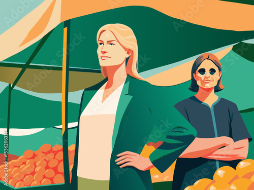 Women entrepreneurs confidently standing at a farmers market, showcasing their produce, for business websites