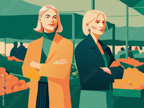 Two women entrepreneurs at farmers market, showcasing a POS system, with copy space