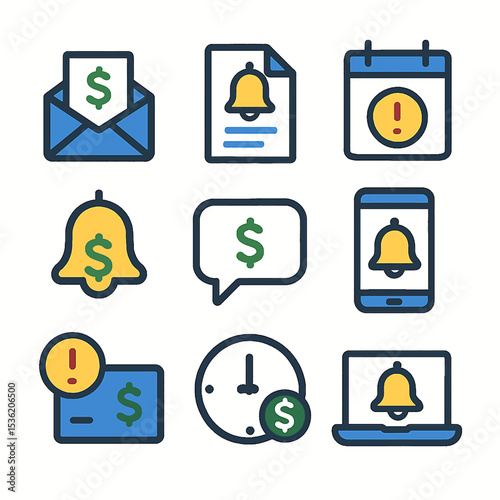 A collection of colorful, outlined icons representing financial notifications, alerts, and communication.