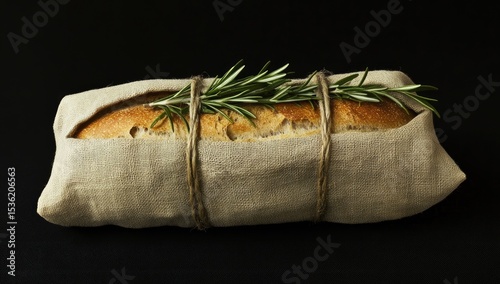 A long loaf of bread, wrapped in linen cloth, tied with twine, and topped with rosemary sprigs