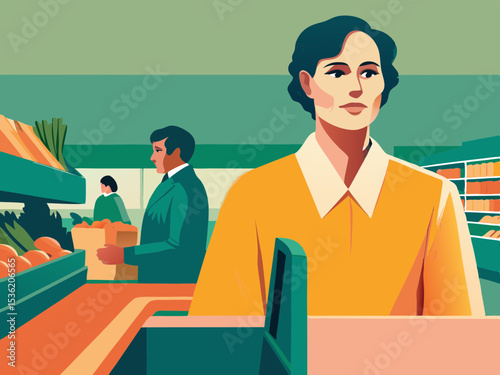 Customer at supermarket checkout, in retro style, with copy space