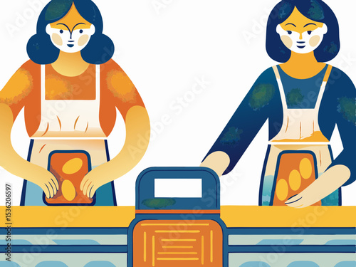 Two women preparing food, stylized illustration, warm colors, for food blogs