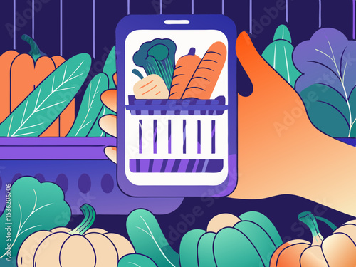 Mobile grocery shopping app, colorful design, for online ordering