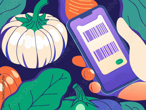 Smartphone displaying barcodes, surrounded by pumpkins and spinach, for grocery shopping apps