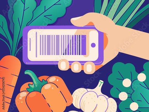 Smartphone scanning groceries, colorful illustration, for online shopping apps