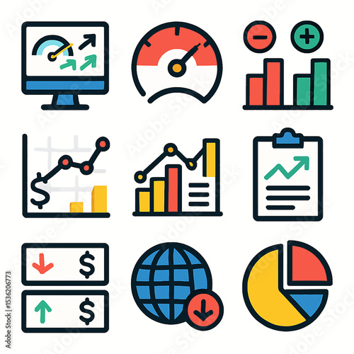 Colorful icons illustrating business analytics, growth, and financial performance metrics.