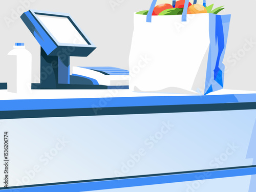 Grocery checkout counter, point of sale system, pastel blue, for retail business