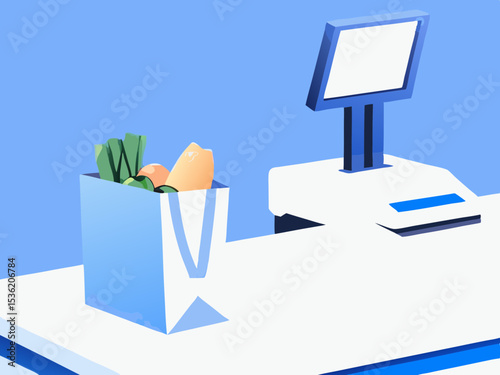 Grocery shopping bag on checkout counter, point of sale system, light blue style, for website design