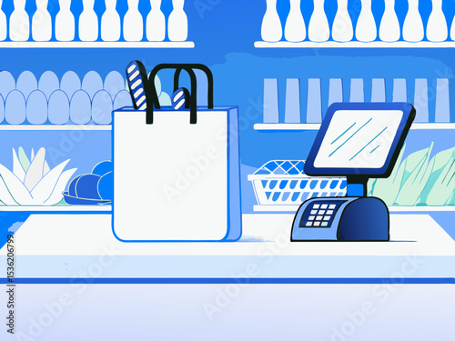 Grocery store checkout counter, a blank shopping bag, and a pos system, for retail business websites