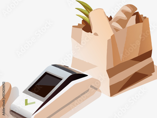 Grocery payment, digital terminal, paper bag, bread, vegetables,  for online shopping, website design