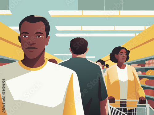 Shoppers in supermarket aisle, modern illustration, with copy space