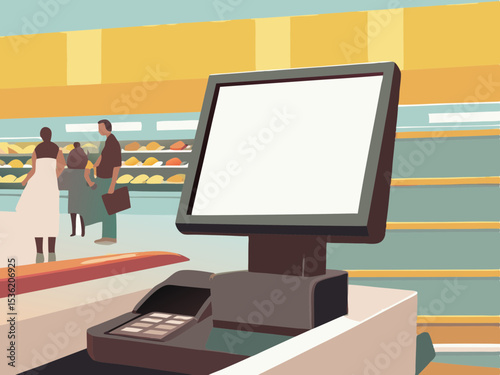 Supermarket checkout system display, in pastel colors, for retail business use, with copy space